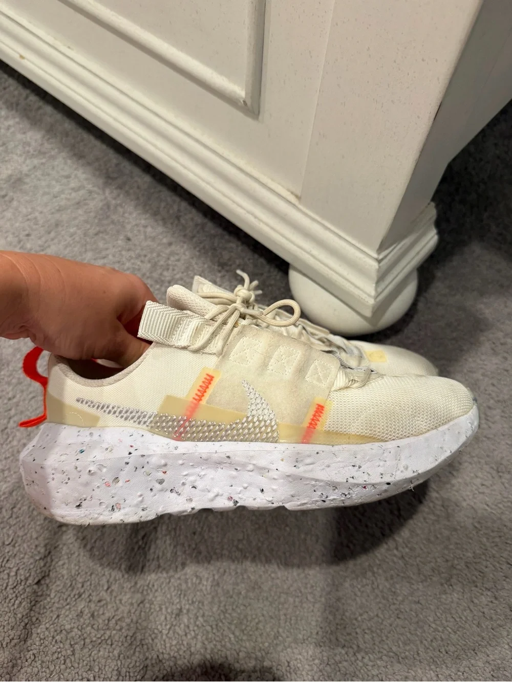 Neutral/Off-White Athletic Sneakers with Orange Accents